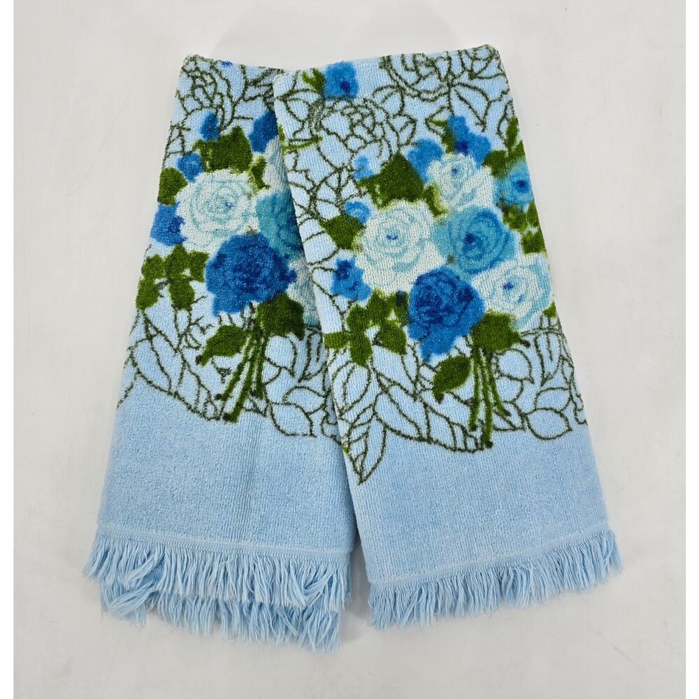 Vintage Lady Pepperell Blue Floral Fringe Hand Towels Set of 2 Cottagecore